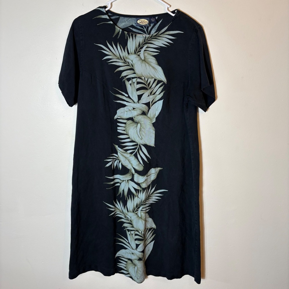 Tommy Bahama Silk Dress Black Tropical Floral Print Short Sleeve Size Medium